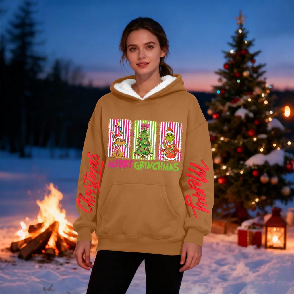 Женская повседневная модная толстовка с капюшоном большого размера, утепленная флисом, с рождественским принтом