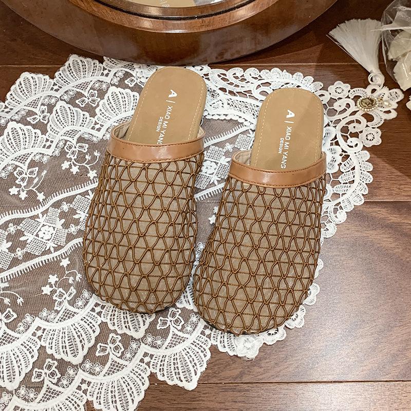 Niche Design Sense Mesh Hollow Flat Bottom Bag Head Half Slippers Women's 2025 Summer Retro Vacation Cool Slippers