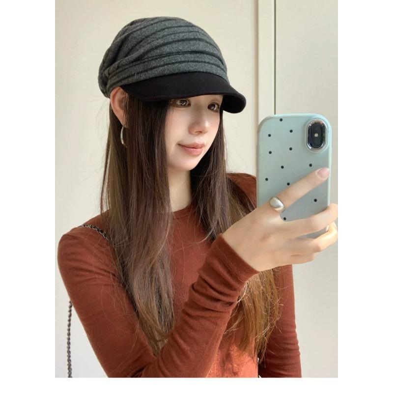 Women S Retro Striped Baseball Cap Autumn Warm Fashion Versatile Korean Style