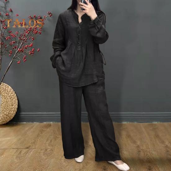 2 Pcs/Set Women Top Pants Suit Round Neck Half Single-breasted Long Sleeves Loose Blouse Wide Leg Pure Color Trousers Casual Pantsuit Sport Clothes