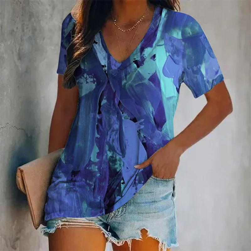 Женская новая футболка с короткими рукавами и V-образным вырезом, цветной принт, короткий рукав, свободный женский топ, дышащая футболка в стиле Y2K