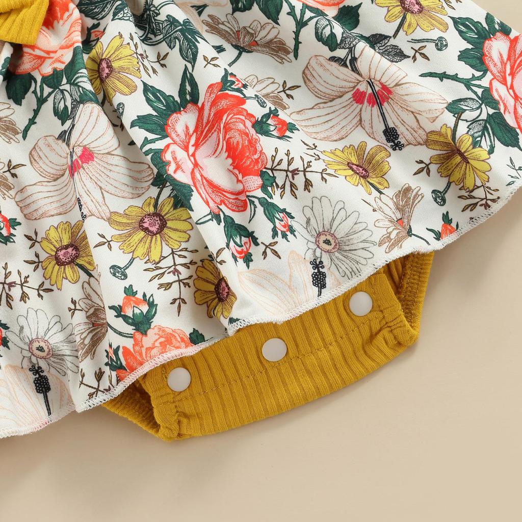 Летний комбинезон для маленьких девочек, платье с рюшами на рукавах и цветочным принтом, лоскутное боди + повязка на голову с бантом