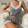 Женский пижамный комплект из топа с кружевной отделкой и шорт на резинке, сексуальный комплект с V-образным вырезом, без рукавов, одежда для сна, домашняя одежда