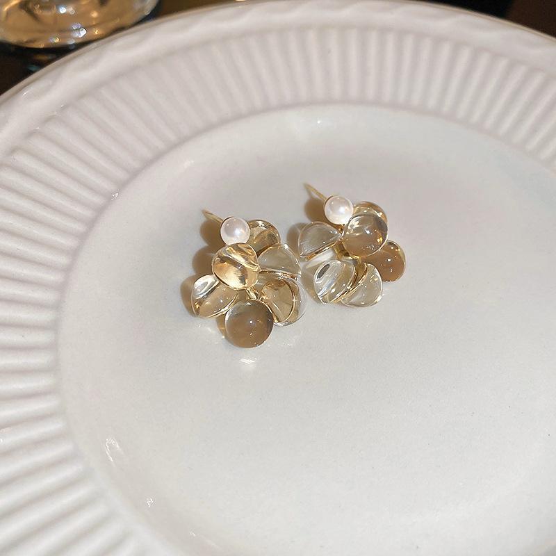 Silver Needle with Diamonds Flower Stripes Pearl Stud Earrings Medieval Vintage Retro Earrings Light Luxury Niche Earrings