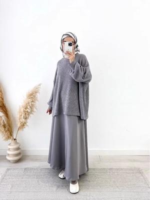 2024 Ближний Восток Мусульманский женский серый вязаный пуловер и юбка-свинг
