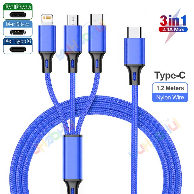 2.4A Макс. 3 в 1 USB-кабель для быстрой зарядки Lightning-кабель для iPhone Type C Кабель для зарядки мобильного телефона для Xiaomi Samsung USB Micro
