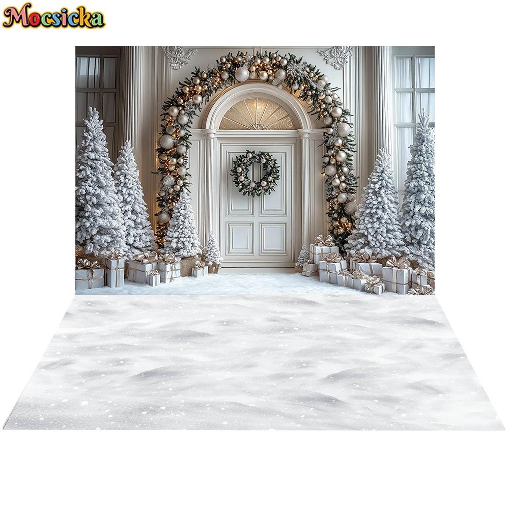 Mocsicka Рождественский Фон для Фотосъемки Дом Новый Год Снег Дверь Елка Украшение Зима Семейный Праздник Вечеринка Фон Обои