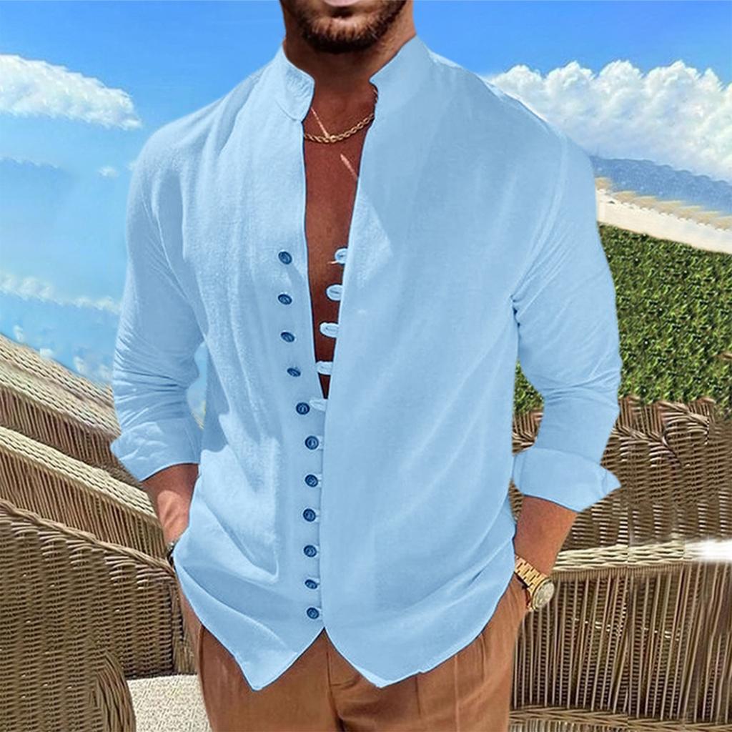 Новая мужская повседневная свободная рубашка из хлопка и льна в стиле ретро с длинными рукавами