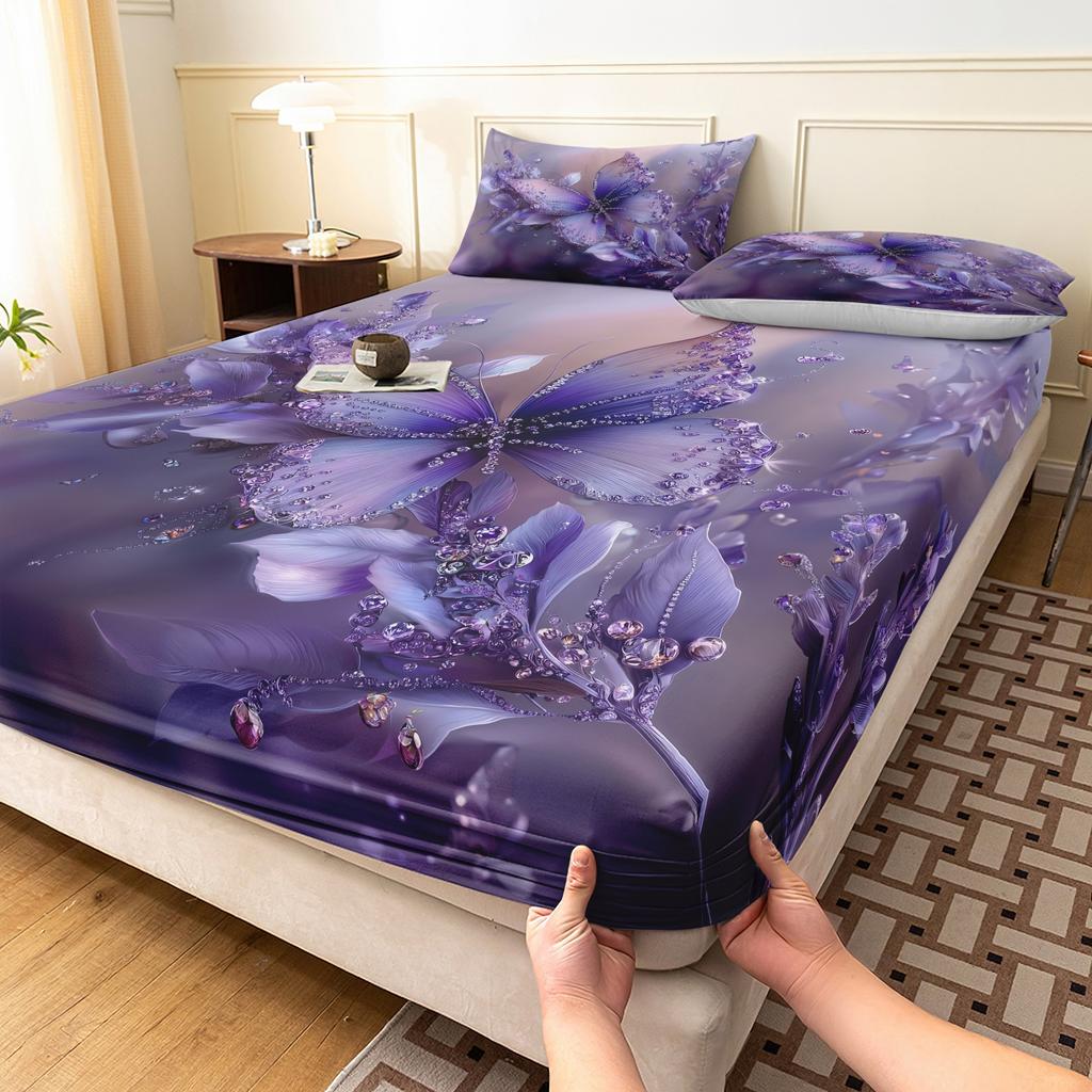 Gradient Purple Crystal Butterfly Print 3 Pcs Fitted Sheet Set, Rhinestone Floral Dreamy Print Bedding, Multiple Sizes Available
