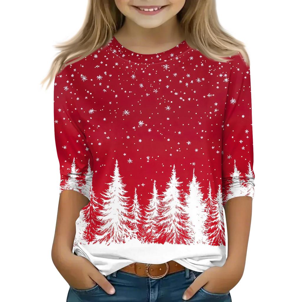 Children's 3/4 Sleeve Tops Casual Christmas Print T Shirt Round Neck Pullover Blouse