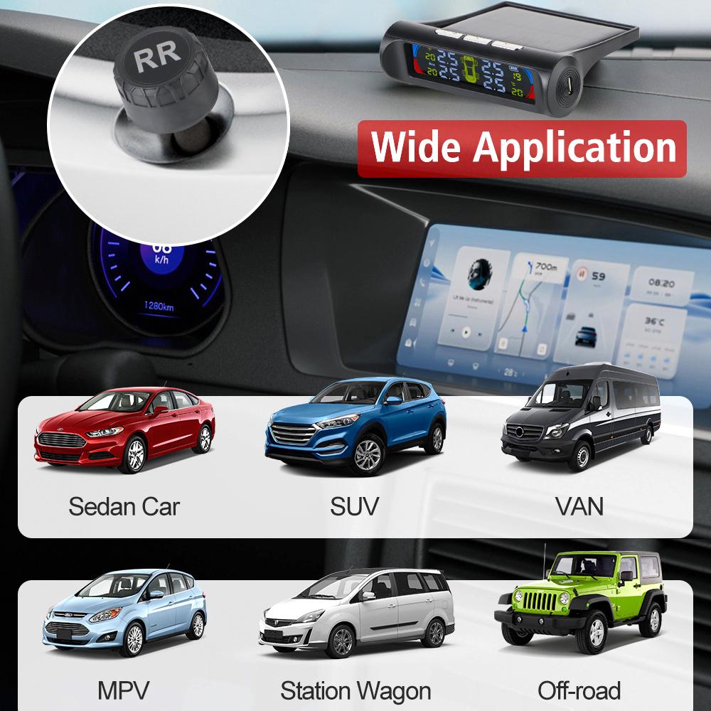 Автомобильные системы сигнализации Монитор температуры шин USB / Солнечный TPMS Универсальный цифровой ЖК-дисплей Система мониторинга давления в шинах автомобиля 0-6 бар