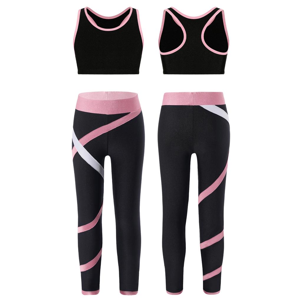 Детский укороченный топ без рукавов для девочек с леггинсами с цветными блоками, спортивная одежда для джазовых танцев, катания на коньках и тренировок