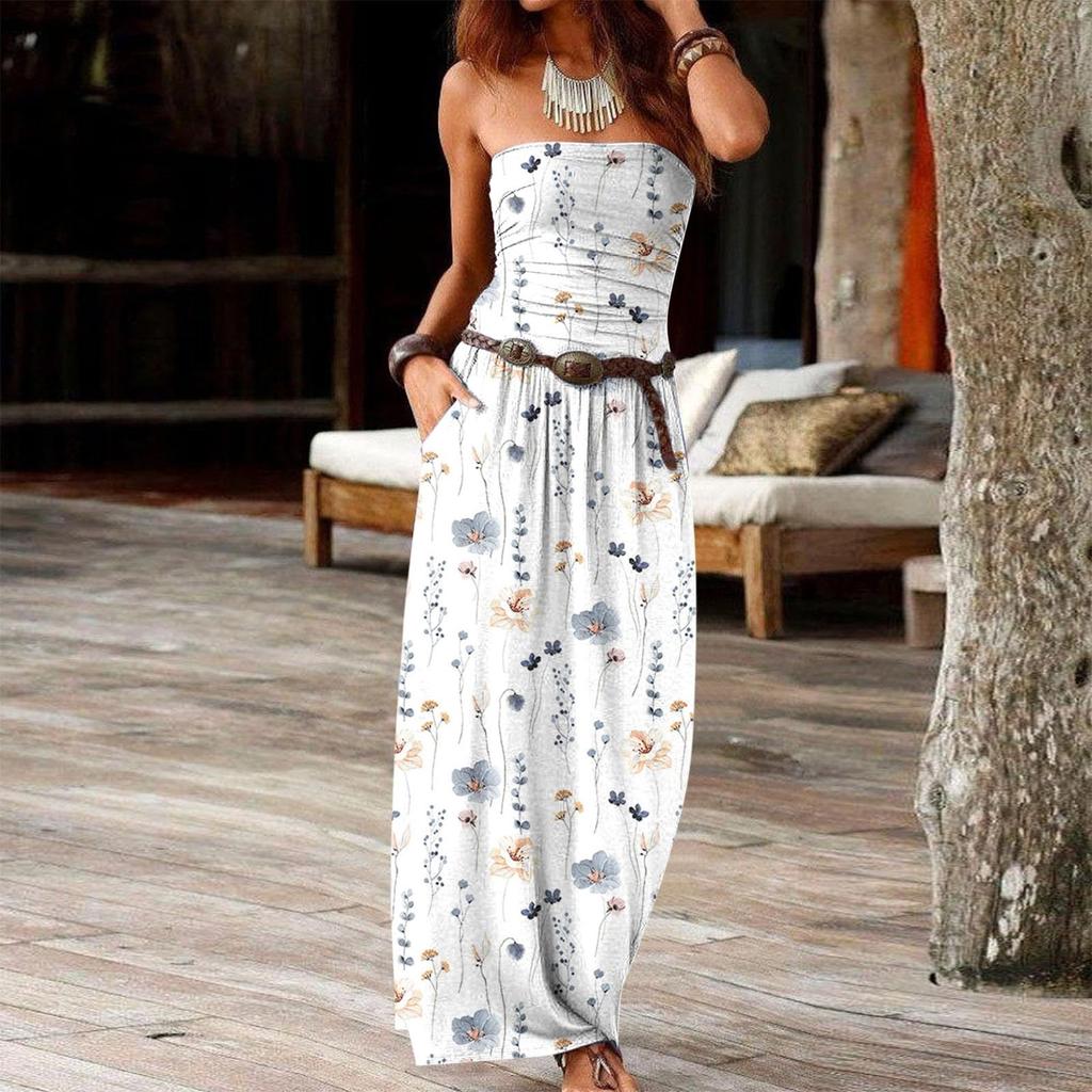 Платья для женщин Платье макси без бретелек Цветочные сарафаны в стиле бохо Богемное пляжное длинное летнее платье