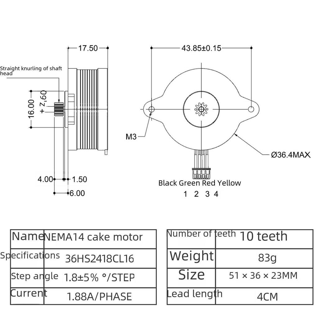 Шаговый двигатель Nema14 36BYGH для круглого торта 3D-принтера с удлинителем