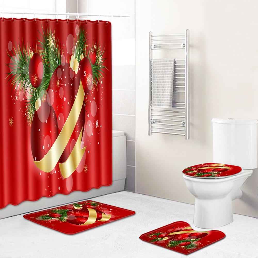 Christmas Home Shower Curtain Polyester Cloth Four-Piece Toilet Floor Mat Bathroom Non-Slip Door Mat Bedroom Carpet