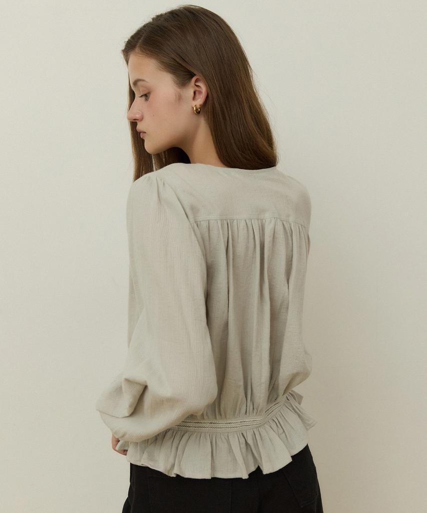 ADAUL Jacquard Shirring Lace Stripe Blouse - Ash Khaki