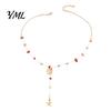 Colorful Stone Necklace Women Y-Shaped with Shell Starfish Pendant And Natural Gravel Beads, Adjustable Ocean Theme Jewelry Alloy Chain, Style