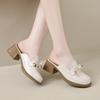 CRLAYDK Summer Mules Heels for Women Chunky Slip On Closed Round Toe Slides Backless Leather Bow Office Lady Dress Shoes