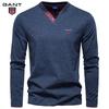 2025 Autumn New Embroidery Men's Fashion Color Cotton Solid Color Long Sleeve T-shirt V-neck Casual Men's Top T-shirt
