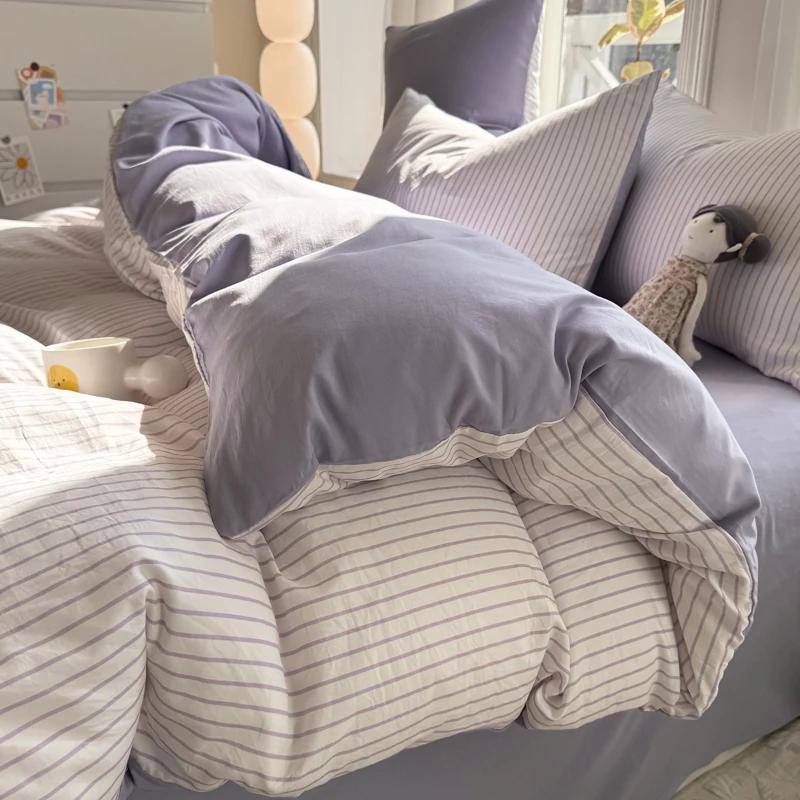 Pure Cotton Home Textile Striped Bedding Set Simple Soft Duvet Cover Sheet Pillowcase Ins Style Bed Linens Queen King Size