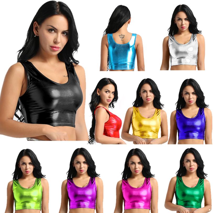 Women's Shiny Metallic Sleeveless Crop Top Rave Party Dance Tee Shirt Blouse Vest Clubwear