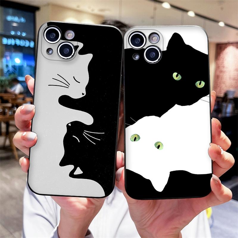 Black and White Cat Silhouette Art Phone Case for iPhone 17 16 15 14 13 12 11 Series Pro Max Plus Double Layer Protection