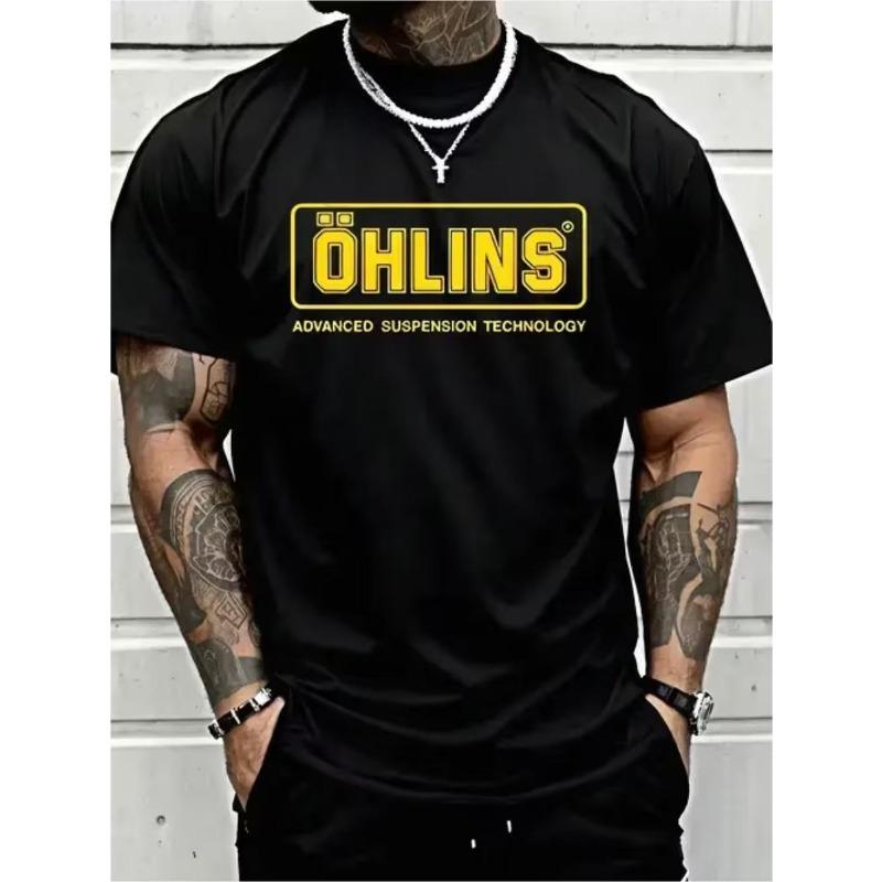 Европейские размеры Мужская черная футболка с ярким желтым принтом OHLINS - Легкий дышащий топ с круглым вырезом, повседневный уличный стиль