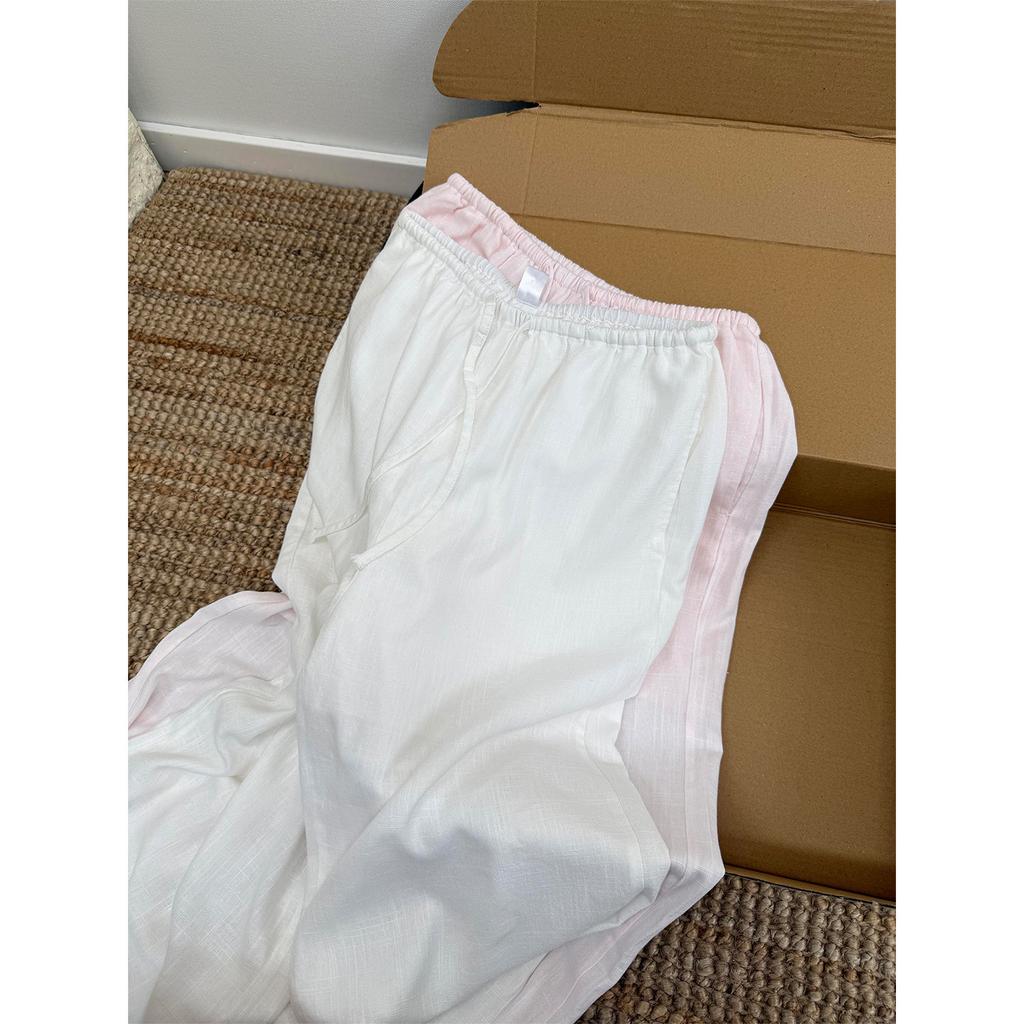 ins casual style high waist lace-up linen wide-leg pants women's summer 1011 new thin drape slack home pants