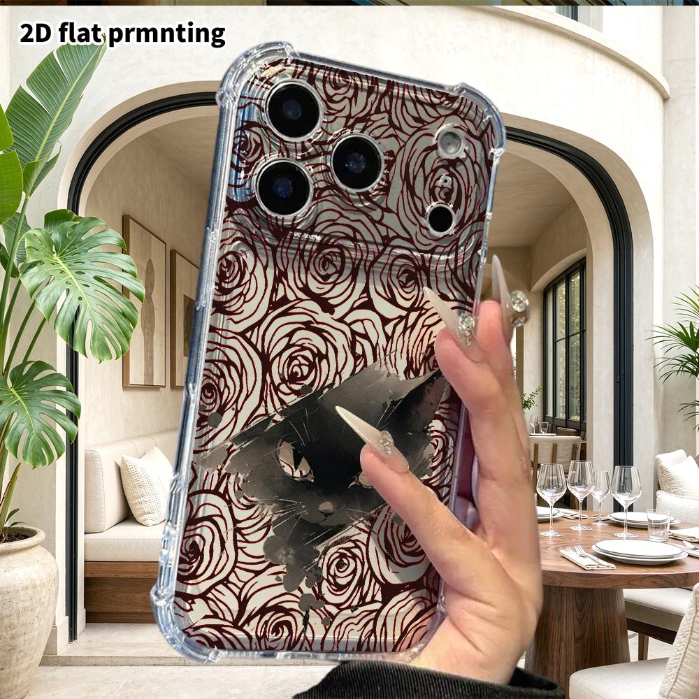 Phone Case: 2D flat design, suitable for iPhone 18 17 16 15 14 13 Pro, transparent corner protection case, ink black cat, Christmas and Halloween gift