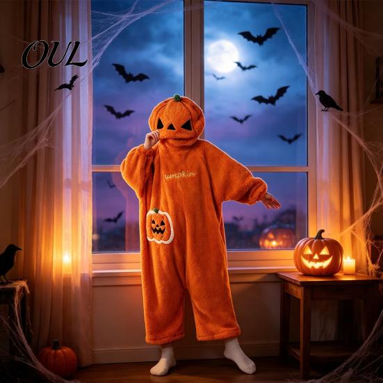 Fluffy Fleece Pajamas Halloween Pumpkin Onesie for Kids, Plush Hooded Holiday Party Sleepwear, Cosplay Costume One Piece Fall Winter