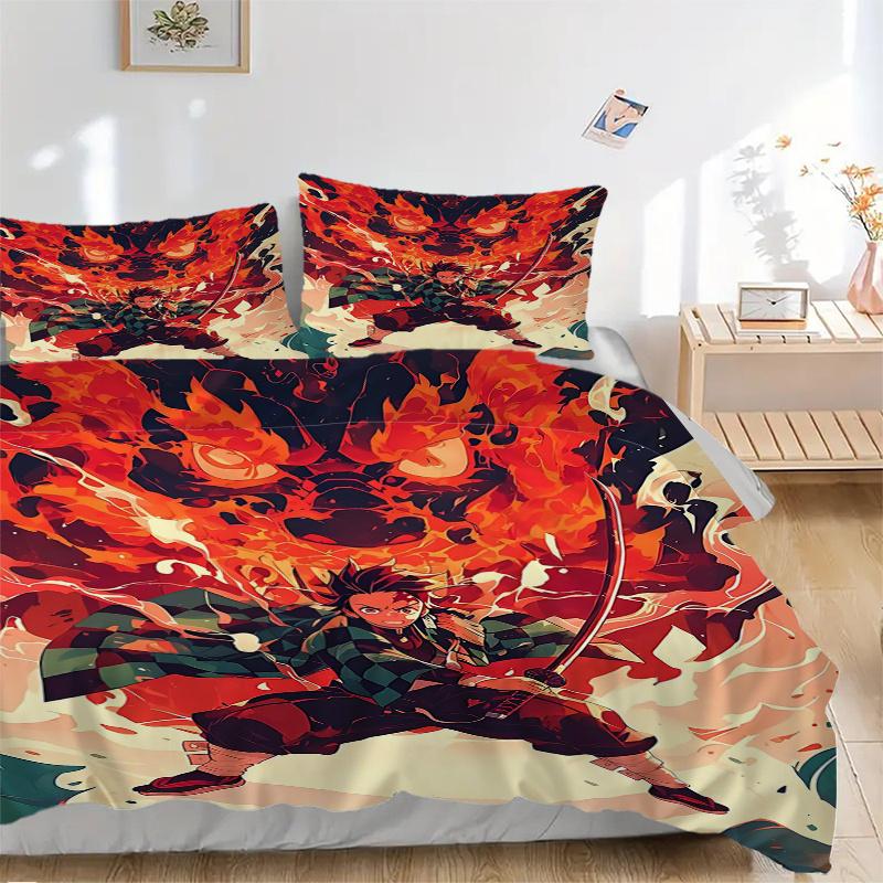 3pcs Demon Slayer Tanjiro's Quilt Cover Set - Soft & Comfortable Polyester Fabric, All-Season Breathable Comforter Set For 1 Quilt Cover & 2 Pill