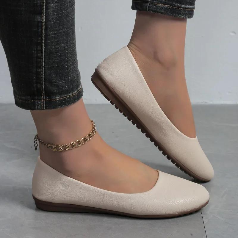 2024 Новые женские туфли-одиночки с плоской подошвой и круглым носком, повседневные, легкие, без застежек, однотонные, удобные