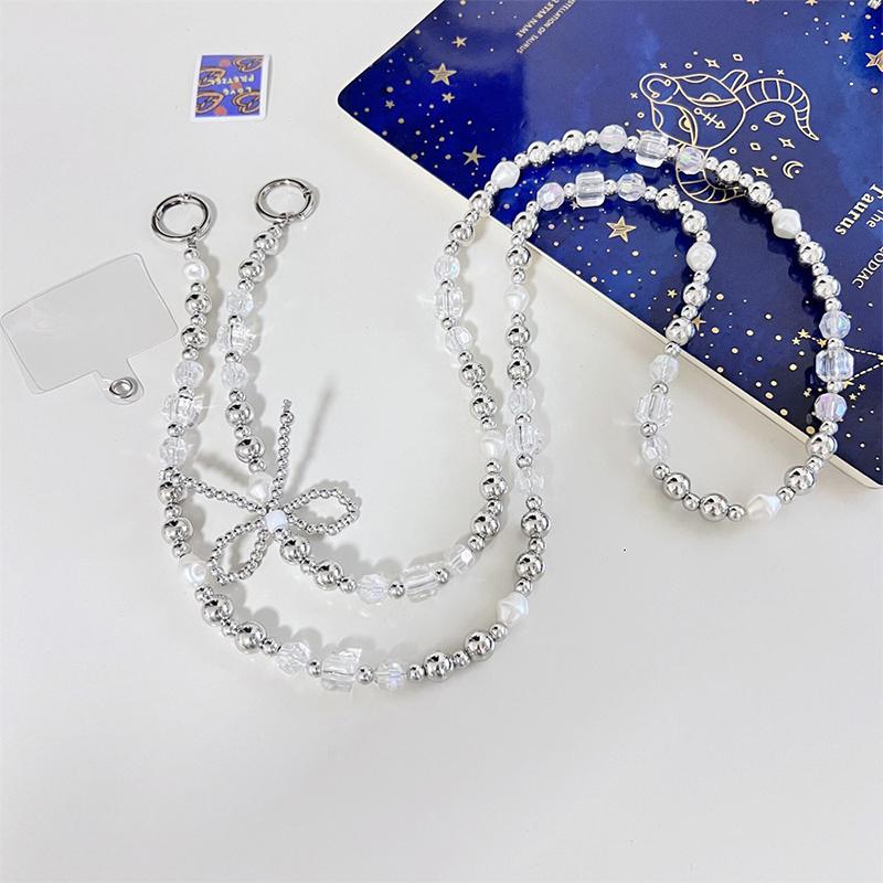 Ремешок для мобильного телефона, шнурок через плечо, бант, серебряные бусины, цепочка для телефона для iPhone, Samsung, Xiaomi, анти-потеря, шейный шнур, подвесной шнур