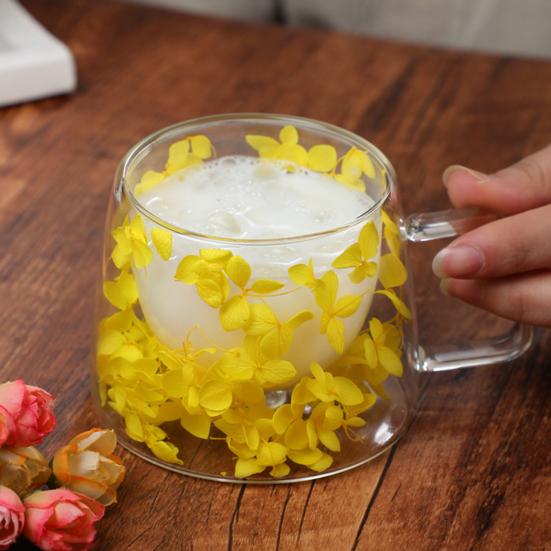 Стеклянная кружка с цветочным рисунком, кофейная чашка с настоящим цветком, 200 мл, прозрачная кружка с двойными стенками и изолированной ручкой, эстетический стакан с цветочным принтом для горячих холодных напитков