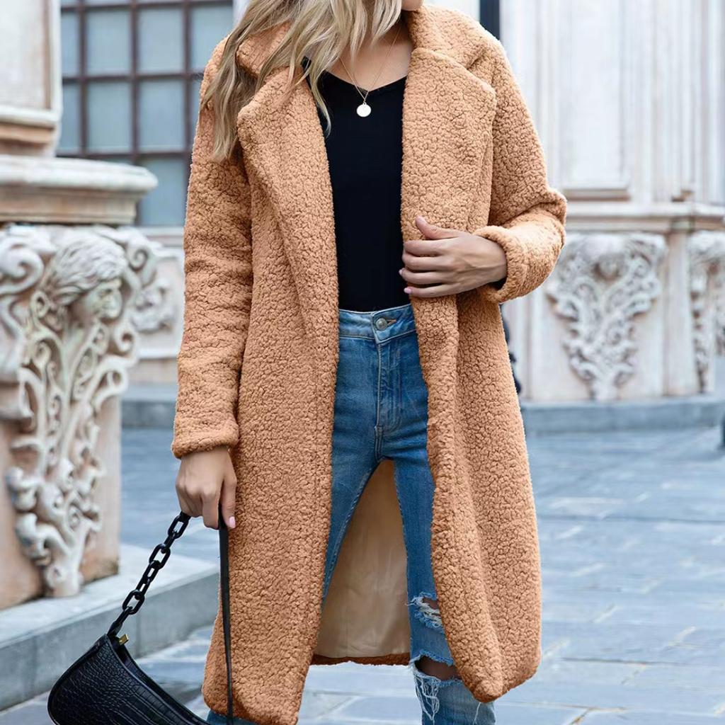 Осенне-зимнее женское однотонное пальто средней длины из овечьей шерсти, свободное повседневное пальто