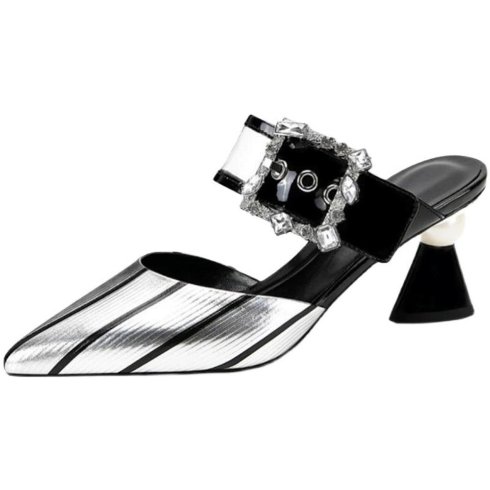 Женские шлепанцы из натуральной кожи с закрытым носком, модные шлепанцы на высоком каблуке, весенне-летняя обувь, острый носок, серебристый, Прямая поставка