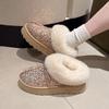 Модные зимние новые туфли-лодочки с круглым носком и глубоким вырезом, с пайетками, из шерсти, теплые, нескользящие, износостойкие, на плоской подошве