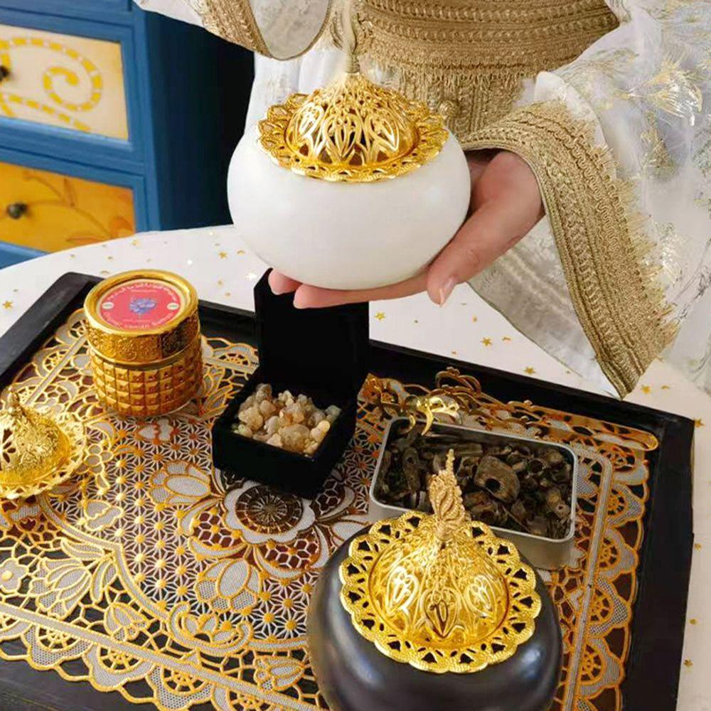 Golden Lid Aromatherapy Censer Ceramic Bakhoor Holder Incense Burning Tray Desktop