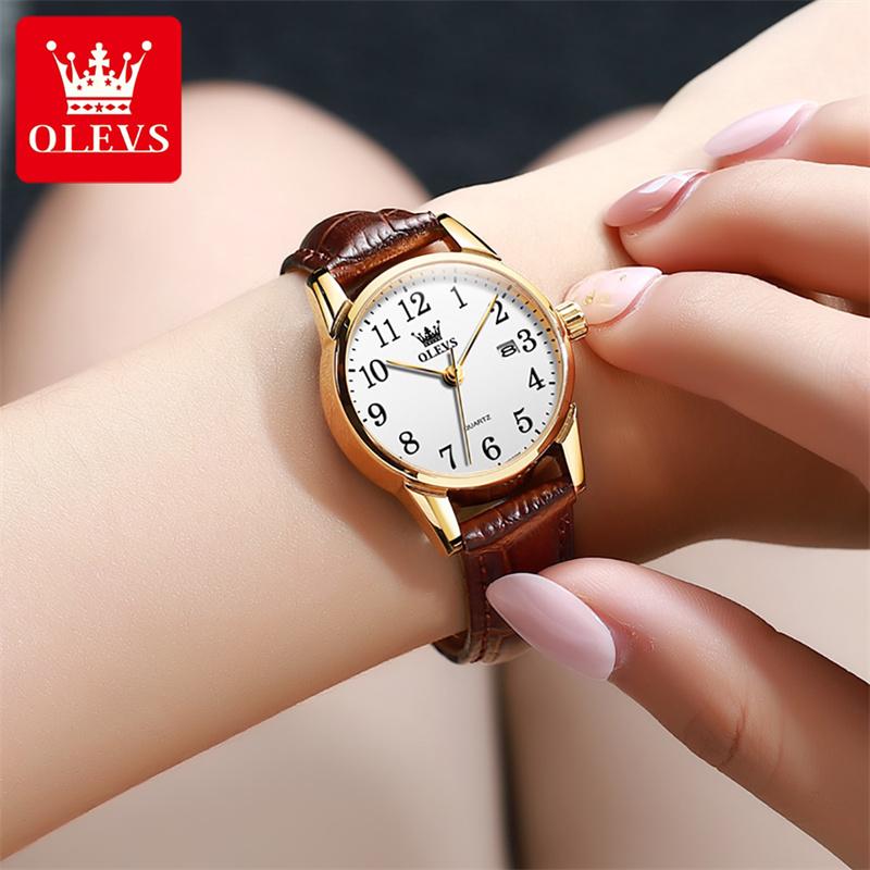 OLEVS Brand Fashion Simple Quartz Watch for Women Leather Strap Waterproof Calendar Womens Watches Elegant Female Clock