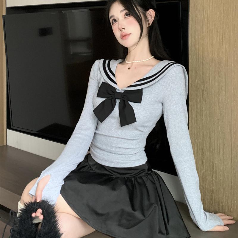 Sailor Collar Short T-shirts Women Bow Striped Long Sleeve Irregular Slim Tops Spring Autumn Japanese Style Sweet Cute Fashion