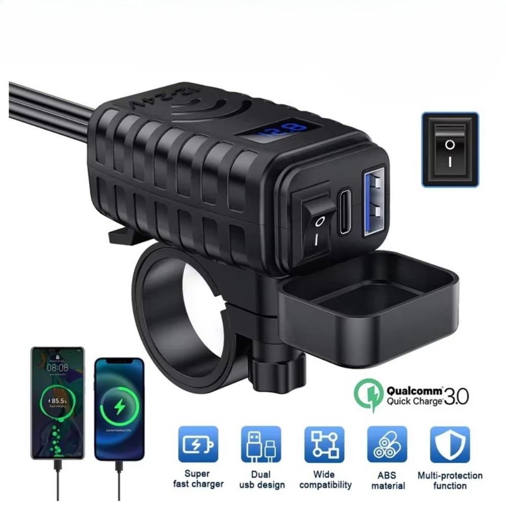 Motorcycle USB Charger 12V Waterproof Socket Handlebar Cell Quick Charger Adapter with Voltmeter Motor Accessory