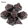 7 Pcs  Black Red Metal Dice Circular Hollow Metal Polyhedral Dice Set Suitable for Role-Playing RPG  Board Game Card Game