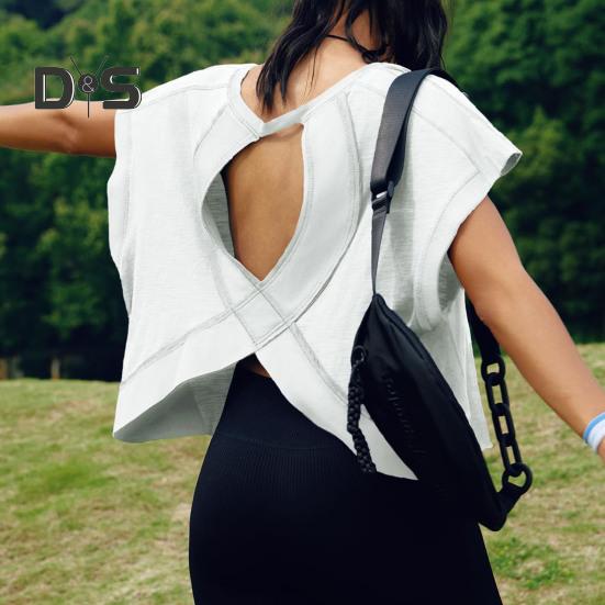 Женская беговая футболка с круглым вырезом и коротким рукавом, открытая спина, спортивный топ свободного кроя, однотонные повседневные топы для спортзала