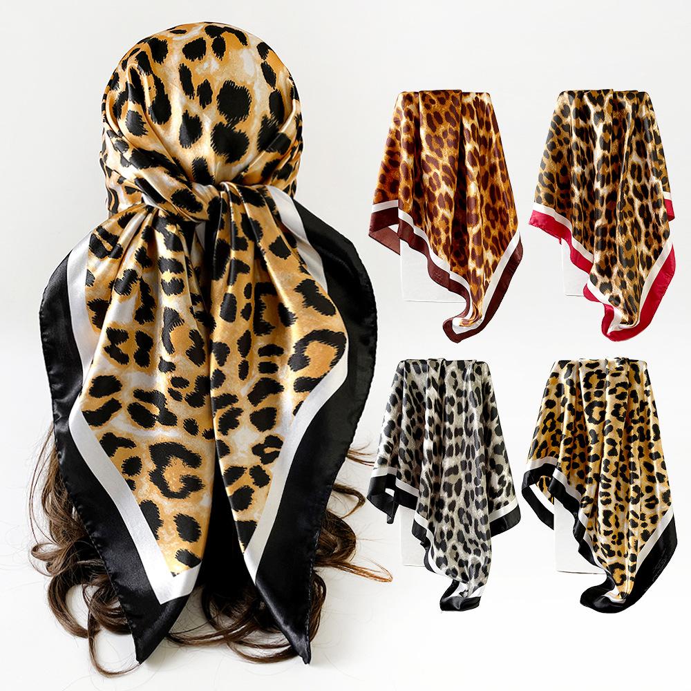 90s print leopard print elegant fashion headscarf faux silk women's versatile head wrap retro satin square scarf