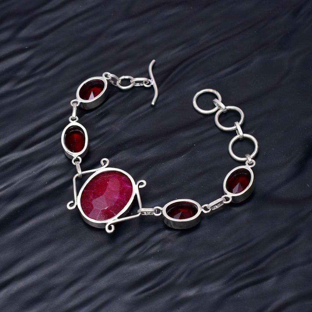 Ruby & Garnet Gemstone : 925 Sterling Silver Handmade Multi Gemstone Bracelet Jewelry