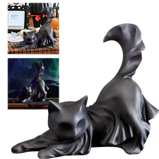 Черная статуэтка кошки-призрака из смолы, фигурка кошки-призрака на Хэллоуин, готическая скульптура кошки для украшения дома, каминной полки, шкафа