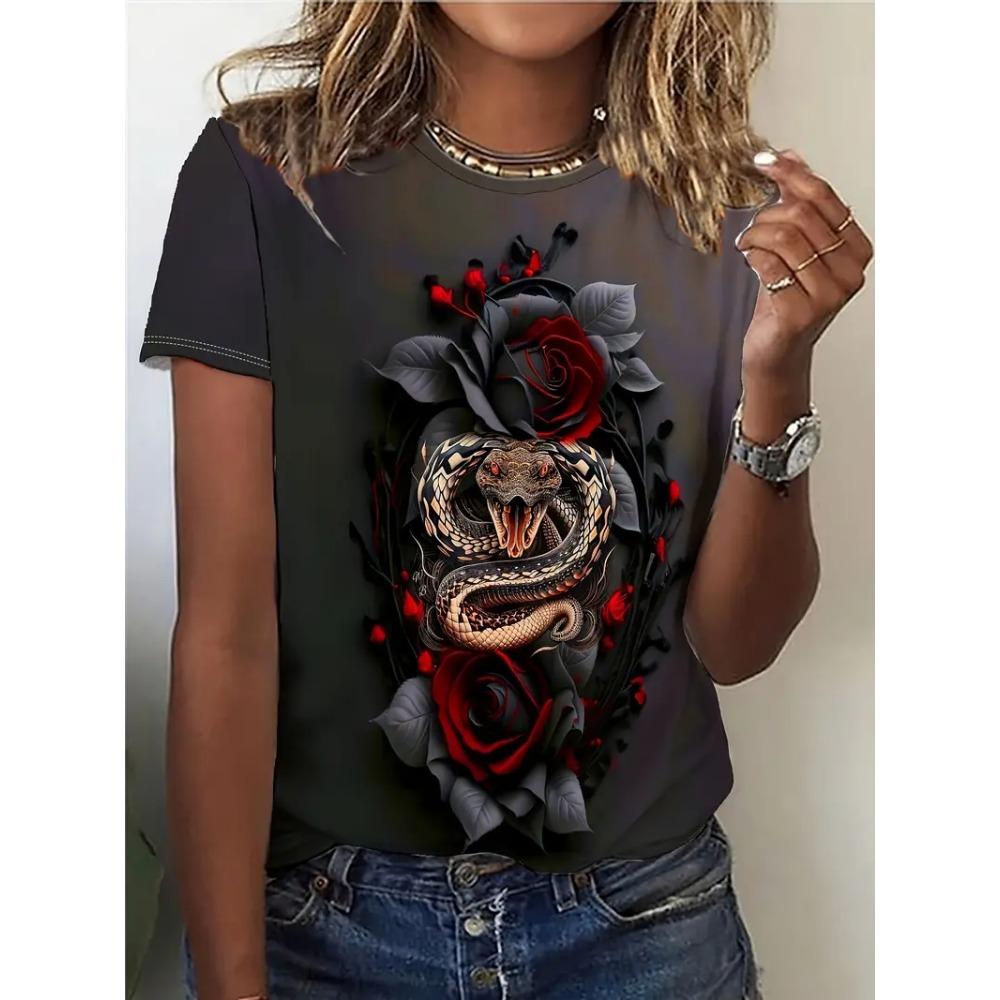 Fun Women's Plus Size T-shirt 3D Snake Print Summer Round Neck Short Sleeved Top Outdoor Casual T-shirt Women's Clothing