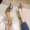 Fashion 2024 Summer Women's Sandals Solid Color Pointed Toe Rhinestone Decorated Women's Sandals Transparent Strap Stiletto Heel Slip-on