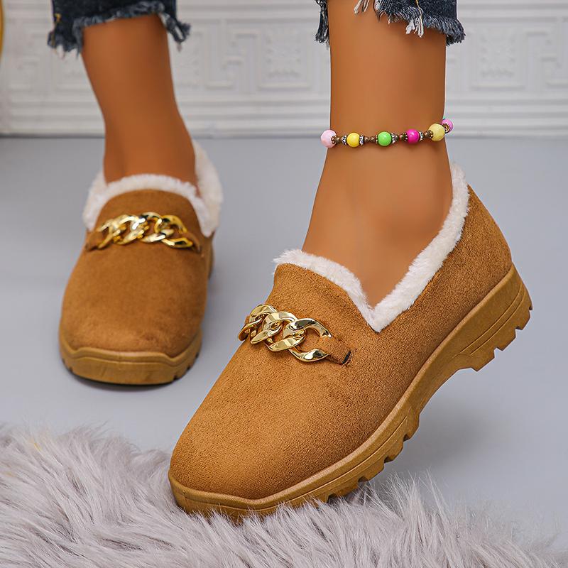 Модные трендовые толстые плюшевые ботинки на низкой платформе с цепочкой, женские зимние износостойкие теплые ботильоны, женские однотонные мягкие нескользящие мокасины