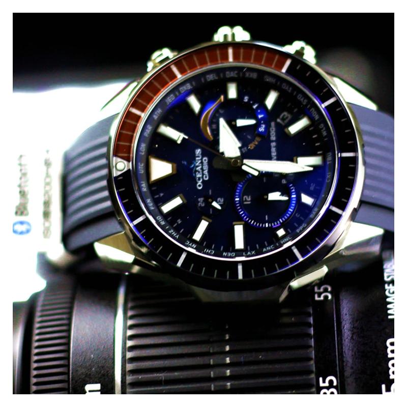 Casio Серия OCEANUS-Дисковая Многофункциональная Серия Указателей CACHALOT Дайверские Солнечные Часы Функция Bluetooth Солнечный Механизм Ремешок из Смолы OCW-P2000C-2A